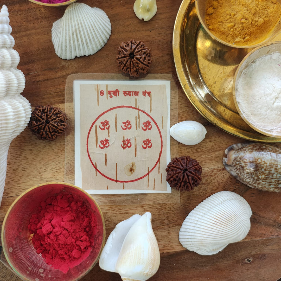 8-Mukhi Rudraksha Yantra Altar – Hand-Inscribed Bhojpatra | Ganesha Energy (Pre-Energized)