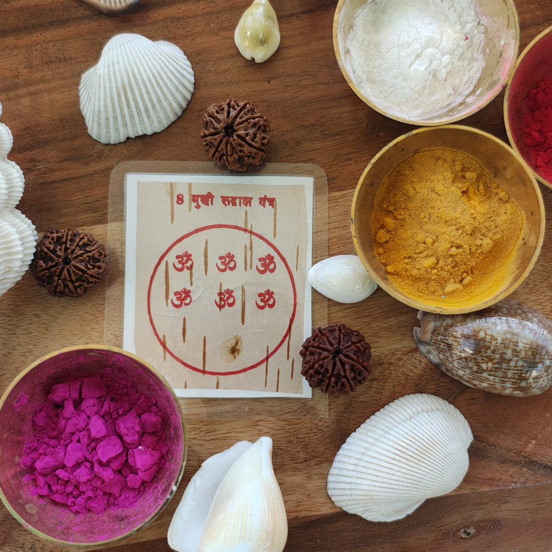 8-Mukhi Rudraksha Yantra Altar – Hand-Inscribed Bhojpatra | Ganesha Energy (Pre-Energized)