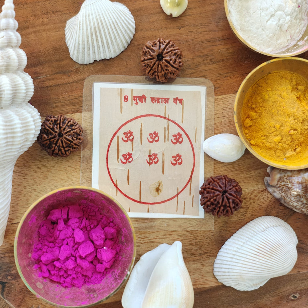 8-Mukhi Rudraksha Yantra Altar – Hand-Inscribed Bhojpatra | Ganesha Energy (Pre-Energized)