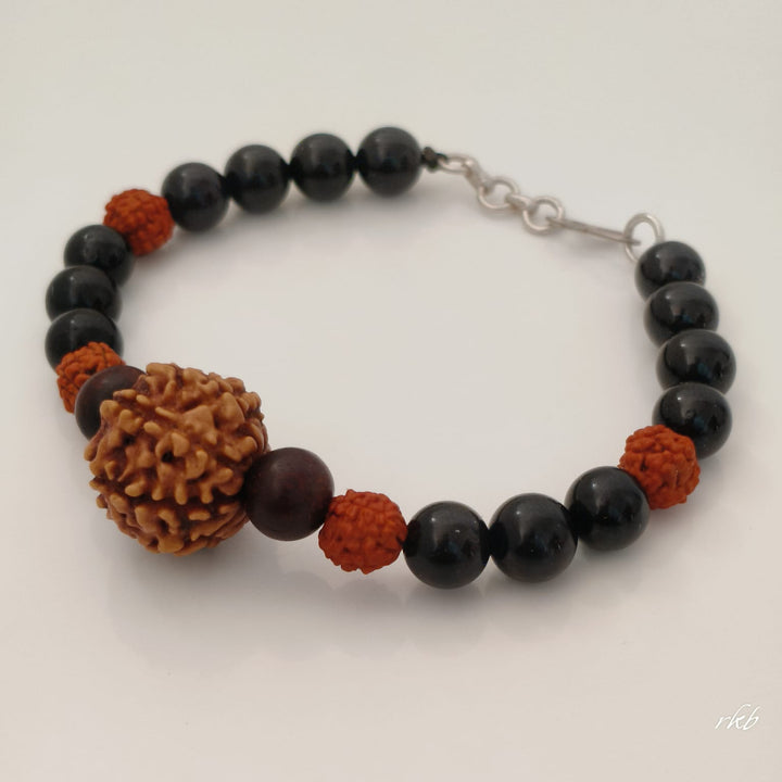 Black Vayu Kavach Bracelet: 8 Mukhi Rudraksha, Black Tourmaline & Red Sandalwood (Clasp)