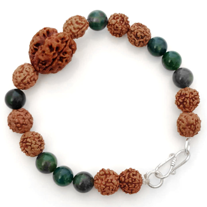 Sthira Chetana Bracelet: 3 Mukhi & 4 Mukhi Rudraksha with Moss Agate for Grounding & Sustained Focus
