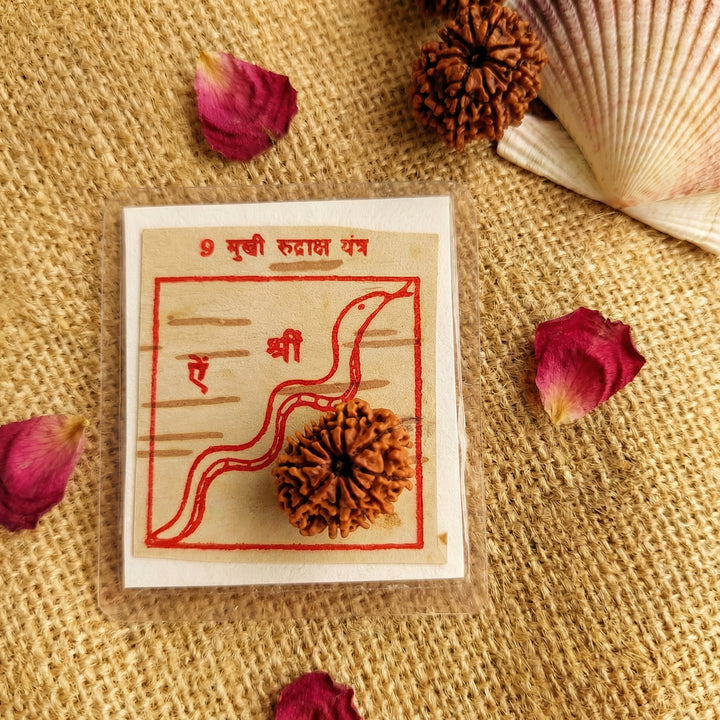 9-Mukhi Rudraksha Yantra Altar – Hand-Inscribed Bhojpatra | Durga Energy (Pre-Energized)