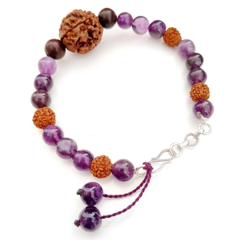 The Saraswati Viveka Bracelet: 4 Mukhi, Amethyst & Red Sandalwood for Mental Clarity