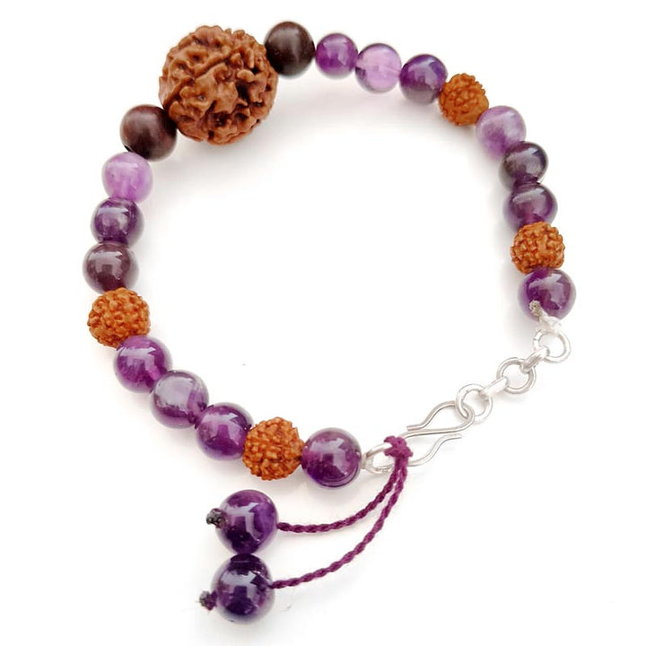The Saraswati Viveka Bracelet: 4 Mukhi, Amethyst & Red Sandalwood for Mental Clarity