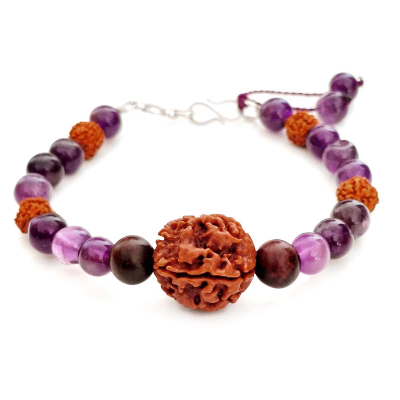 The Saraswati Viveka Bracelet: 4 Mukhi, Amethyst & Red Sandalwood for Mental Clarity