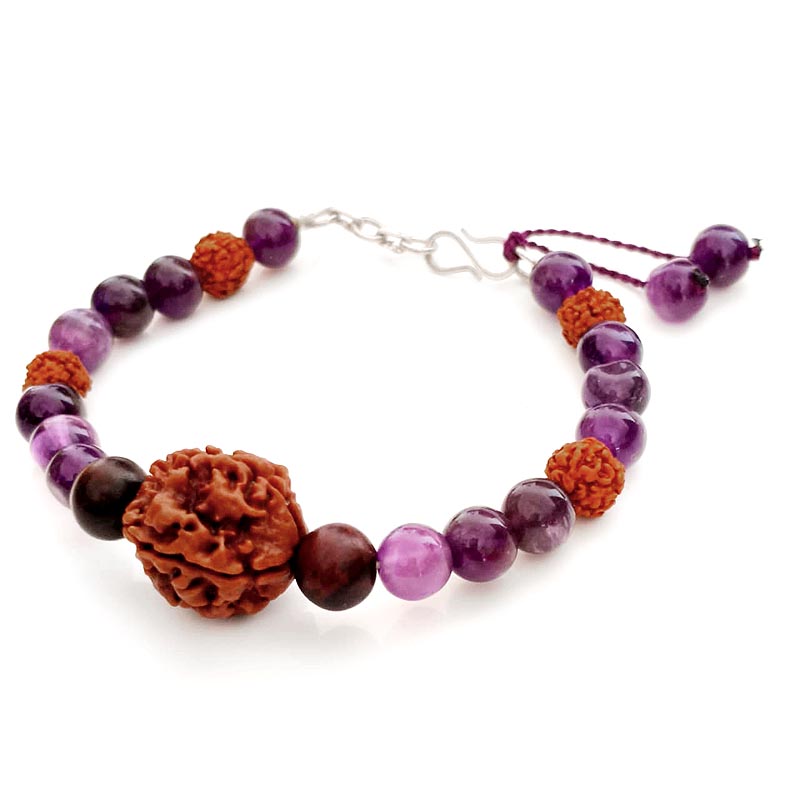 The Saraswati Viveka Bracelet: 4 Mukhi, Amethyst & Red Sandalwood for Mental Clarity