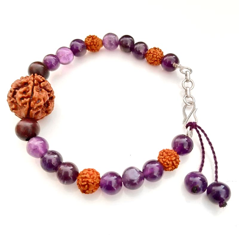 The Saraswati Viveka Bracelet: 4 Mukhi, Amethyst & Red Sandalwood for Mental Clarity