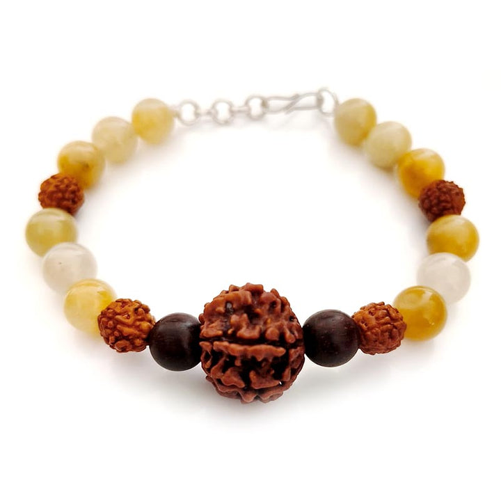 Kuber's Fortune Bracelet: 7 Mukhi Rudraksha, Yellow Aventurine & Red Sandalwood Clasp-Style