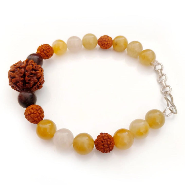 Kuber's Fortune Bracelet: 7 Mukhi Rudraksha, Yellow Aventurine & Red Sandalwood Clasp-Style