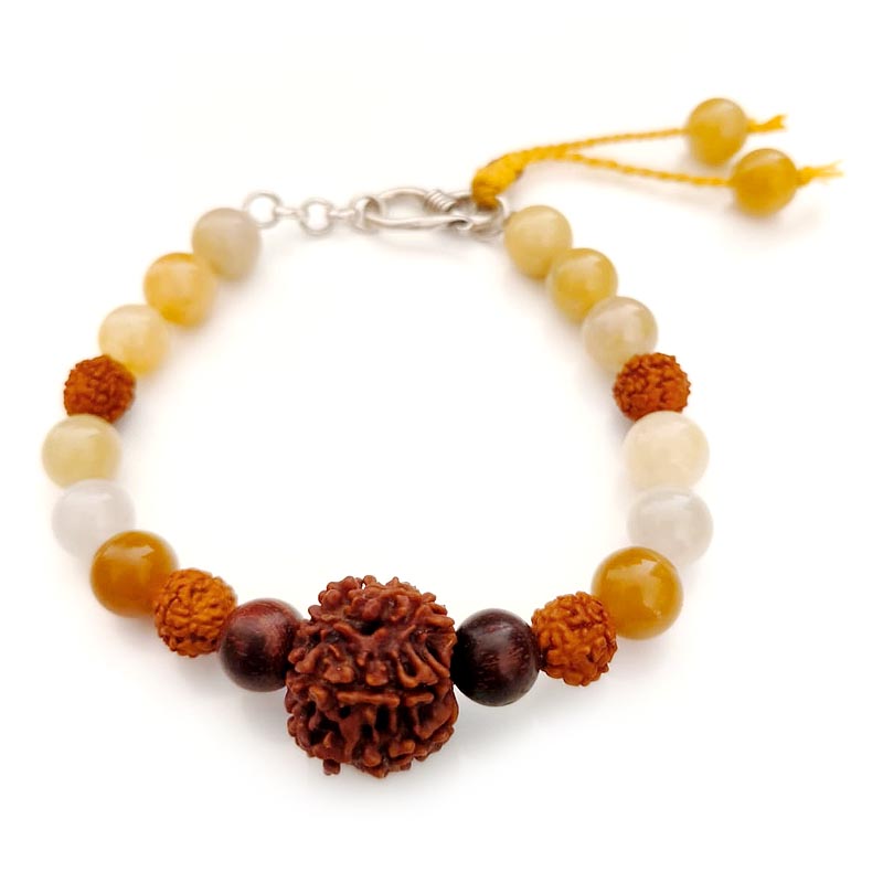 Kuber's Fortune Bracelet: 7 Mukhi Rudraksha, Yellow Aventurine & Red Sandalwood Clasp-Style