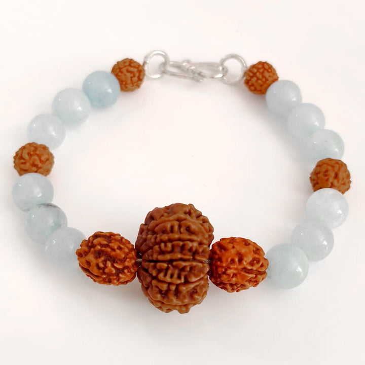 Vaani Shuddhi Bracelet: 10 Mukhi & 4 Mukhi Rudraksha with Aquamarine for Truth & Calm Communication