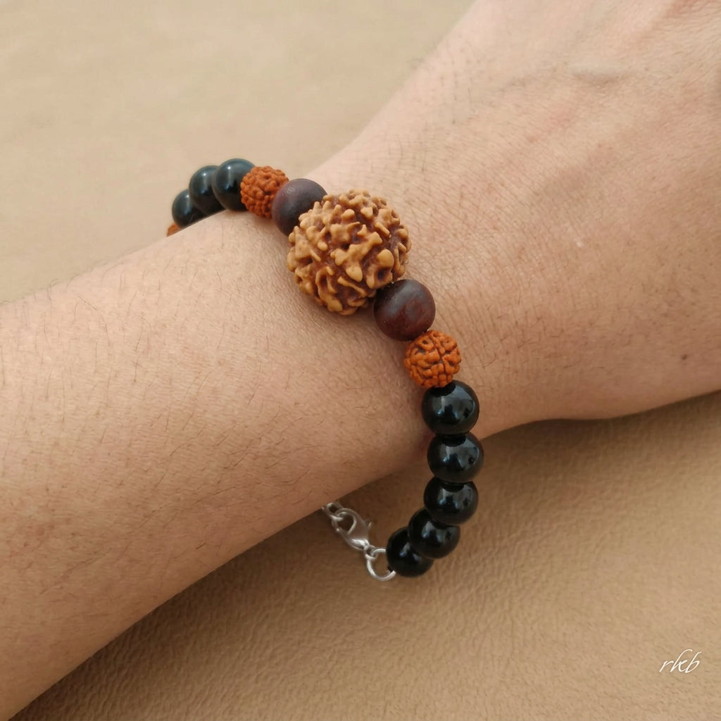 Black Vayu Kavach Bracelet: 8 Mukhi Rudraksha, Black Tourmaline & Red Sandalwood, for Rahu to Block Negativity and Dissolve Obstacles.