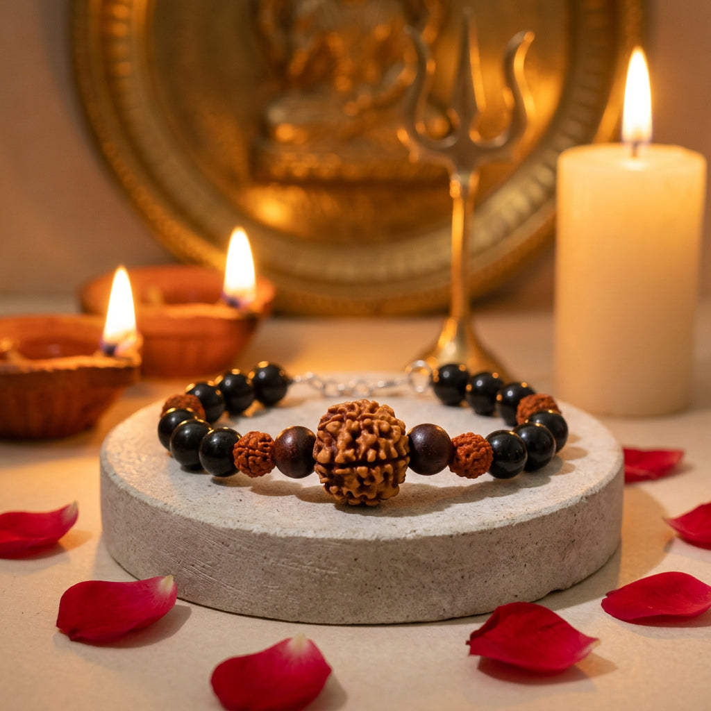 Black Vayu Kavach Bracelet: 8 Mukhi Rudraksha, Black Tourmaline & Red Sandalwood, for Rahu to Block Negativity and Dissolve Obstacles.
