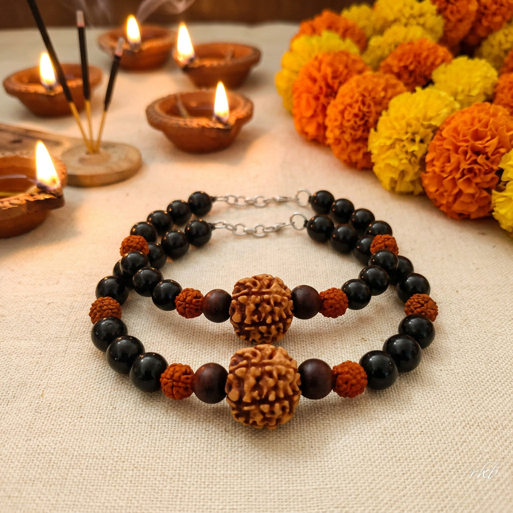 Black Vayu Kavach Bracelet: 8 Mukhi Rudraksha, Black Tourmaline & Red Sandalwood, for Rahu to Block Negativity and Dissolve Obstacles.