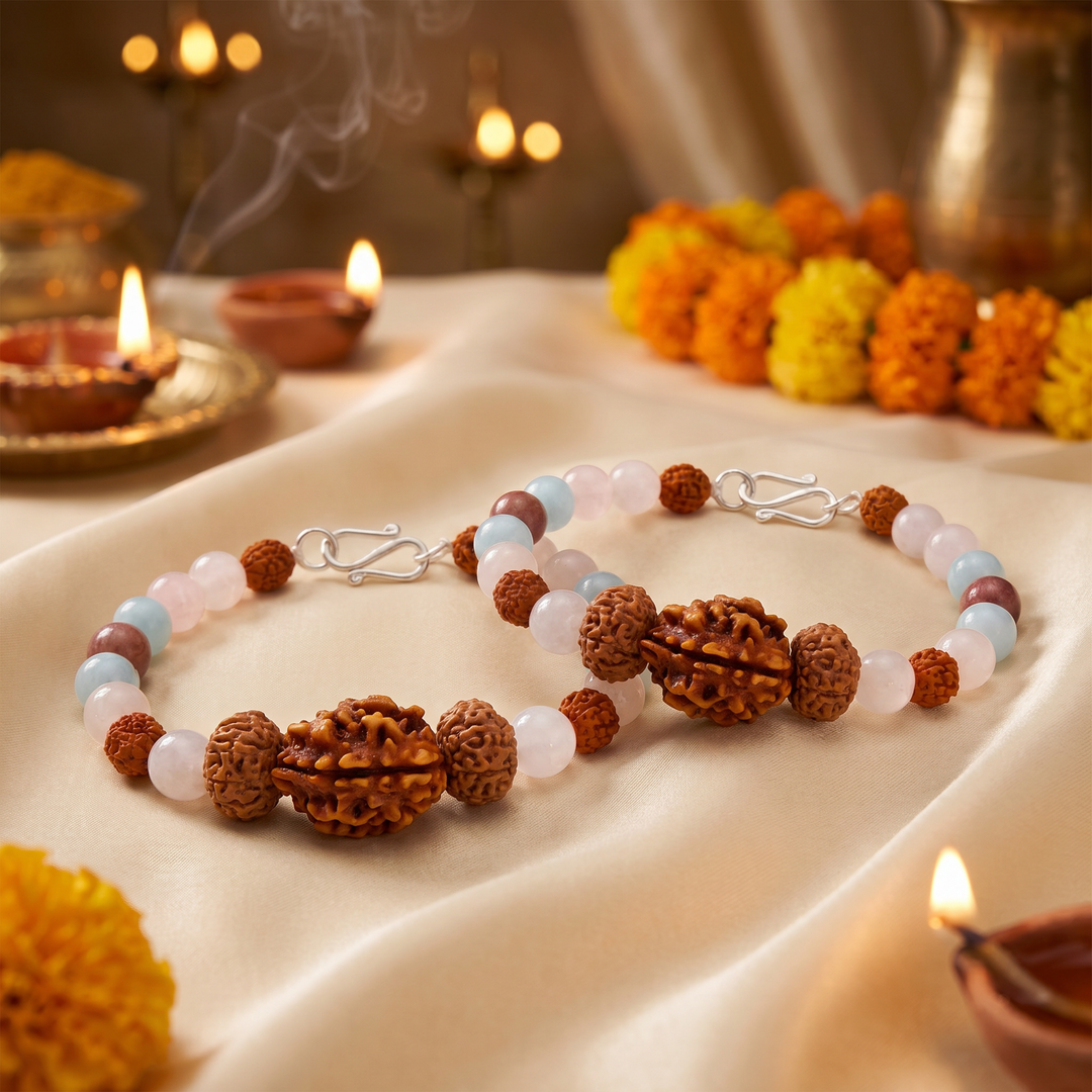 Chandra Shanti Kavach Bracelet: 2 Mukhi & 10 Mukhi Rudraksha with Rose Quartz, Pink Tourmaline & Aquamarine for Emotional Protection