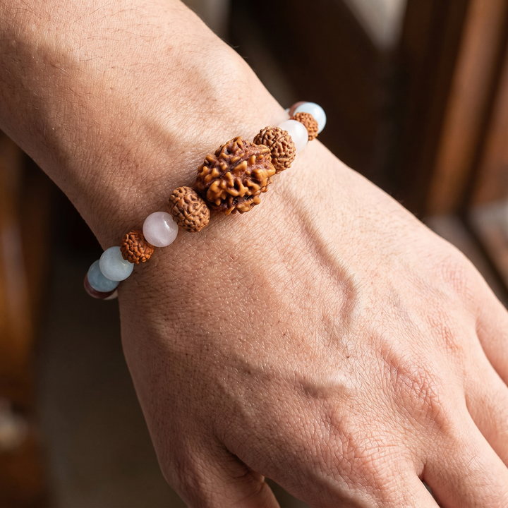 Chandra Shanti Kavach Bracelet: 2 Mukhi & 10 Mukhi Rudraksha with Rose Quartz, Pink Tourmaline & Aquamarine for Emotional Protection