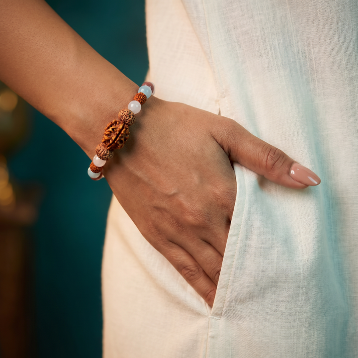 Chandra Shanti Kavach Bracelet: 2 Mukhi & 10 Mukhi Rudraksha with Rose Quartz, Pink Tourmaline & Aquamarine for Emotional Protection