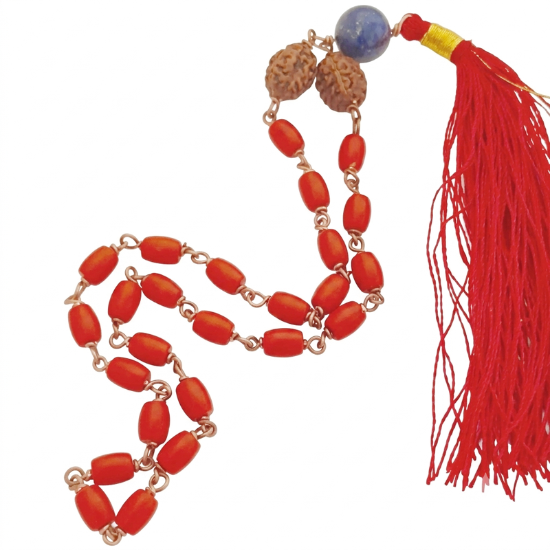 Red Coral Japa Mala in Copper with 3 Mukhi Rudraksha and Lapis Lazuli Sumeru Bead, Coral Drum Beads