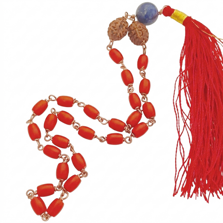 Red Coral Japa Mala in Copper with 3 Mukhi Rudraksha and Lapis Lazuli Sumeru Bead, Coral Drum Beads