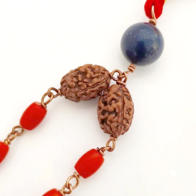 Red Coral Japa Mala in Copper with 3 Mukhi Rudraksha and Lapis Lazuli Sumeru Bead, Coral Drum Beads