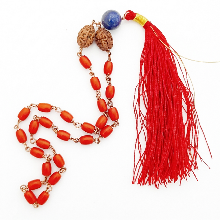 Red Coral Japa Mala in Copper with 3 Mukhi Rudraksha and Lapis Lazuli Sumeru Bead, Coral Drum Beads