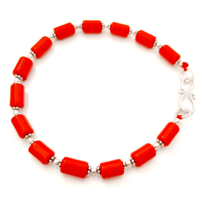 Red Coral Moonga Beads Bracelet in Silver