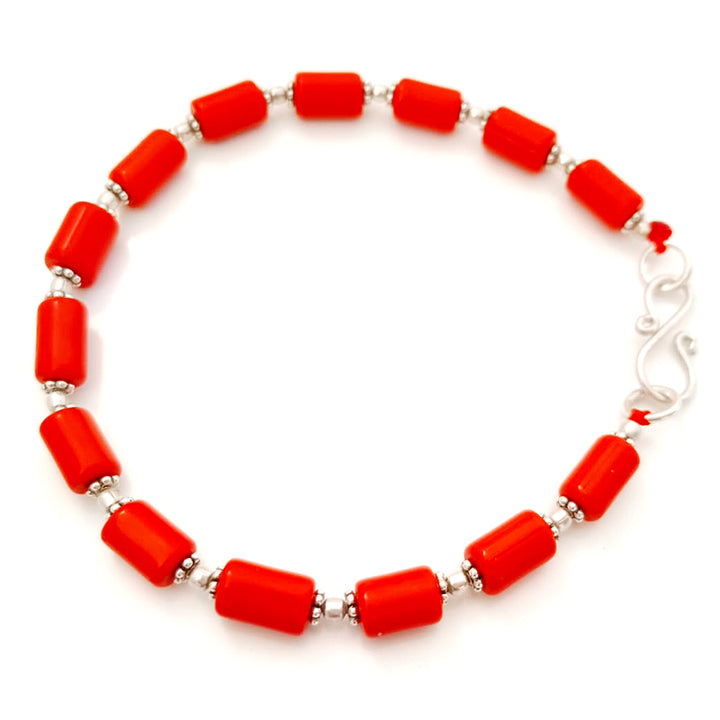 Red Coral Moonga Beads Bracelet in Silver