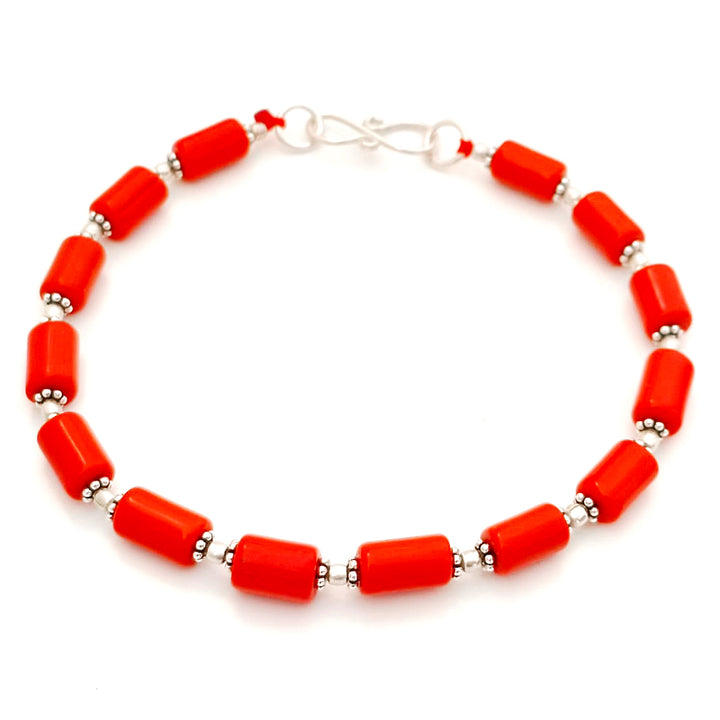 Red Coral Moonga Beads Bracelet in Silver