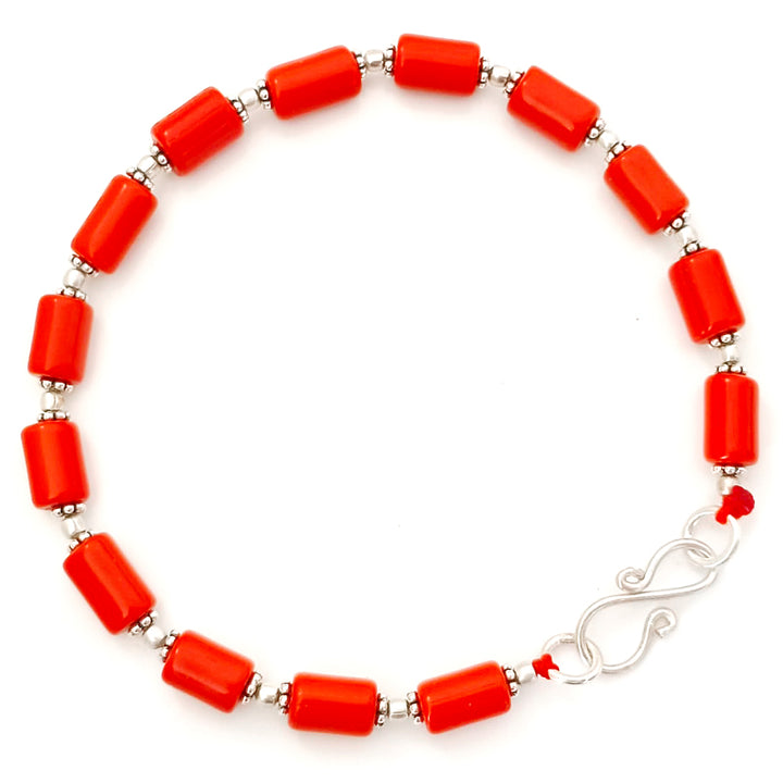 Red Coral Moonga Beads Bracelet in Silver