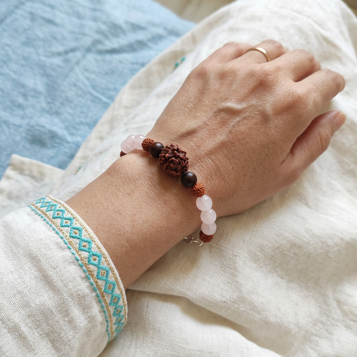 Dampatya Preeti Bracelet: 2 Mukhi Rudraksha & Rose Quartz for Love & Relationship Harmony