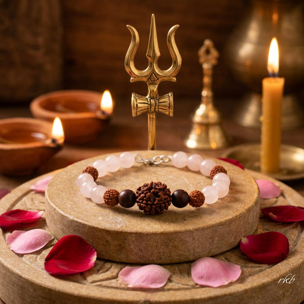 Dampatya Preeti Bracelet: 2 Mukhi Rudraksha & Rose Quartz for Love & Relationship Harmony