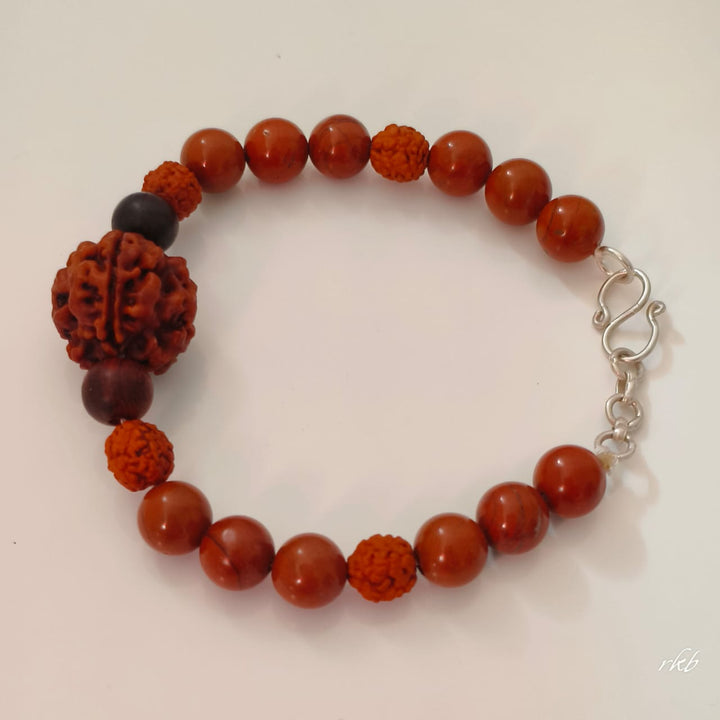 Rakta Prithvi Kavach Bracelet: 3 Mukhi Rudraksha & Red Jasper for Strength & Grounding