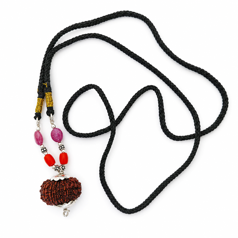 Leo Sun Sign Zodiac Pendant | Singh Rashi Pendant | A Combination of 12 Mukhi Rudraksha Bead Pendant with Red Coral & Red Ruby Gemstone Beads in Silver | Energised Pendant