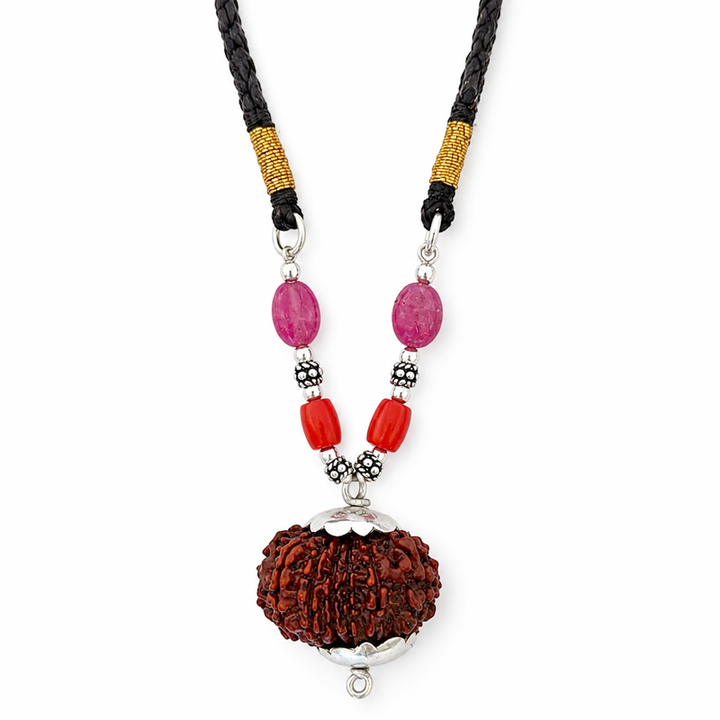 Leo Sun Sign Zodiac Pendant | Singh Rashi Pendant | A Combination of 12 Mukhi Rudraksha Bead Pendant with Red Coral & Red Ruby Gemstone Beads in Silver | Energised Pendant