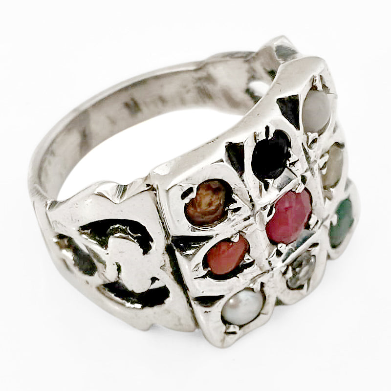 Navratna Ring in Silver | Navgrah Stone Ring, Ruby, Pearl, Coral, Emerald, Golden Topaz, Zircon, Blue Sapphire, Gomed, Cat's Eye, 9 Gemstone Silver Ring , Square Navratna Silver Ring