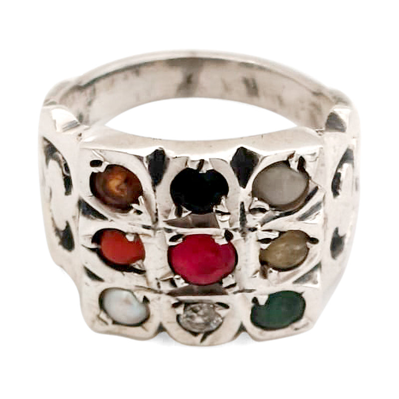 Navratna Ring in Silver | Navgrah Stone Ring, Ruby, Pearl, Coral, Emerald, Golden Topaz, Zircon, Blue Sapphire, Gomed, Cat's Eye, 9 Gemstone Silver Ring , Square Navratna Silver Ring