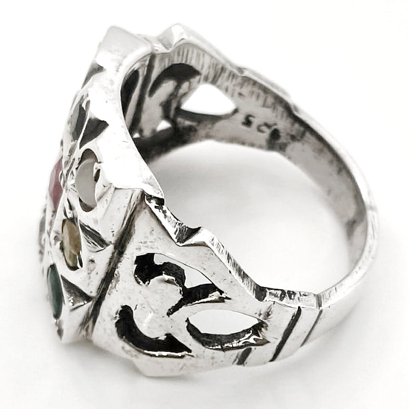 Navratna Ring in Silver | Navgrah Stone Ring, Ruby, Pearl, Coral, Emerald, Golden Topaz, Zircon, Blue Sapphire, Gomed, Cat's Eye, 9 Gemstone Silver Ring , Square Navratna Silver Ring