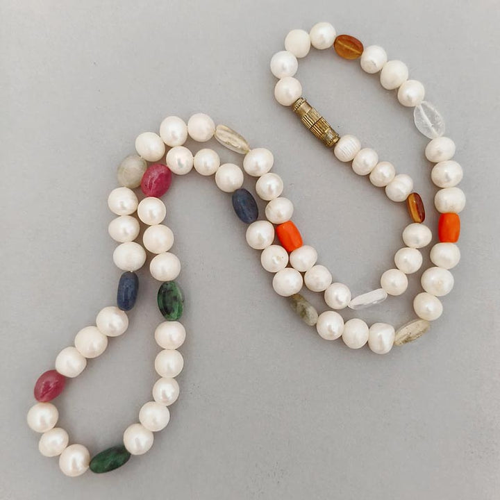 Pearl Navratna Mala | 9 Gemstone Necklace with White Pearl Beads | Navgraha Stone Mala, Ruby, Coral, Emerald, Golden Topaz, Sphatik, Blue Sapphire, Gomed & Cat's Eye