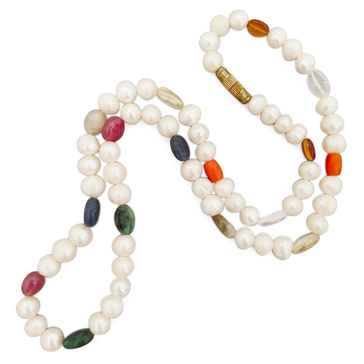 Pearl Navratna Mala | 9 Gemstone Necklace with White Pearl Beads | Navgraha Stone Mala, Ruby, Coral, Emerald, Golden Topaz, Sphatik, Blue Sapphire, Gomed & Cat's Eye