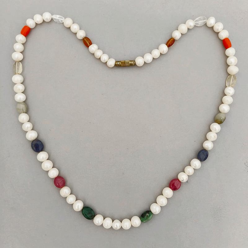 Pearl Navratna Mala | 9 Gemstone Necklace with White Pearl Beads | Navgraha Stone Mala, Ruby, Coral, Emerald, Golden Topaz, Sphatik, Blue Sapphire, Gomed & Cat's Eye