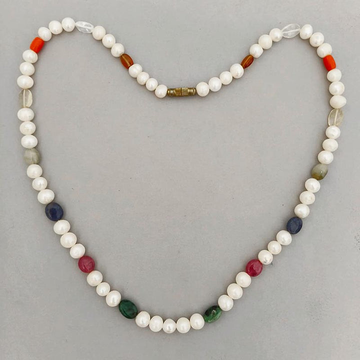 Pearl Navratna Mala | 9 Gemstone Necklace with White Pearl Beads | Navgraha Stone Mala, Ruby, Coral, Emerald, Golden Topaz, Sphatik, Blue Sapphire, Gomed & Cat's Eye