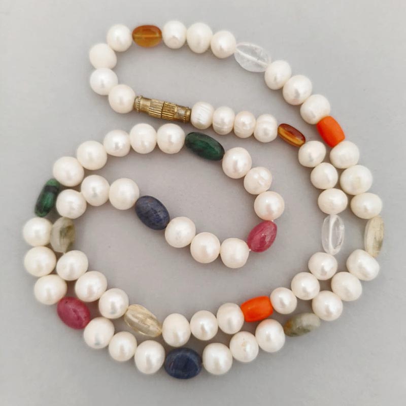 Pearl Navratna Mala | 9 Gemstone Necklace with White Pearl Beads | Navgraha Stone Mala, Ruby, Coral, Emerald, Golden Topaz, Sphatik, Blue Sapphire, Gomed & Cat's Eye