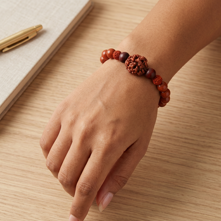 Rakta Prithvi Kavach Bracelet: 3 Mukhi Rudraksha & Red Jasper for Strength & Grounding