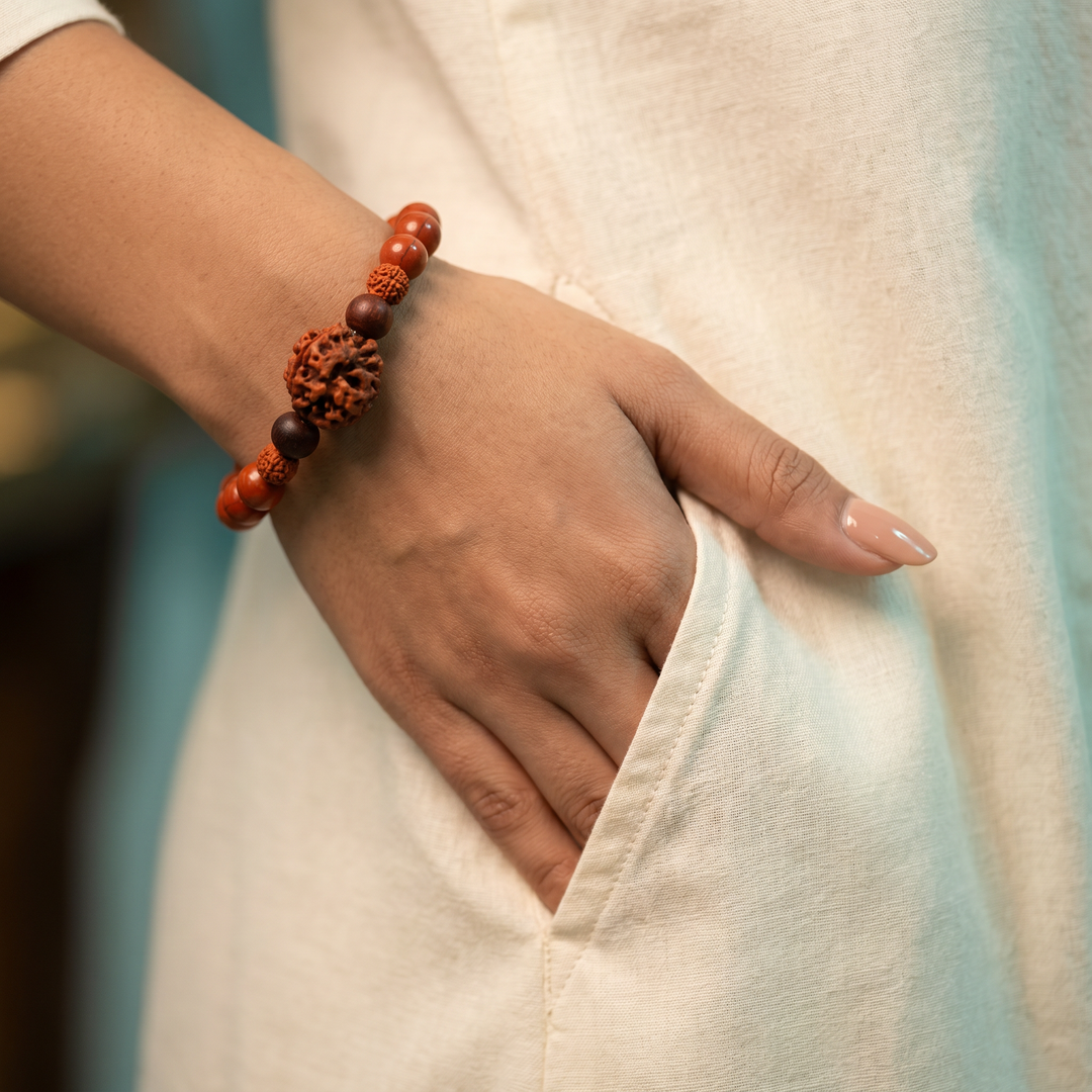 Rakta Prithvi Kavach Bracelet: 3 Mukhi Rudraksha & Red Jasper for Strength & Grounding