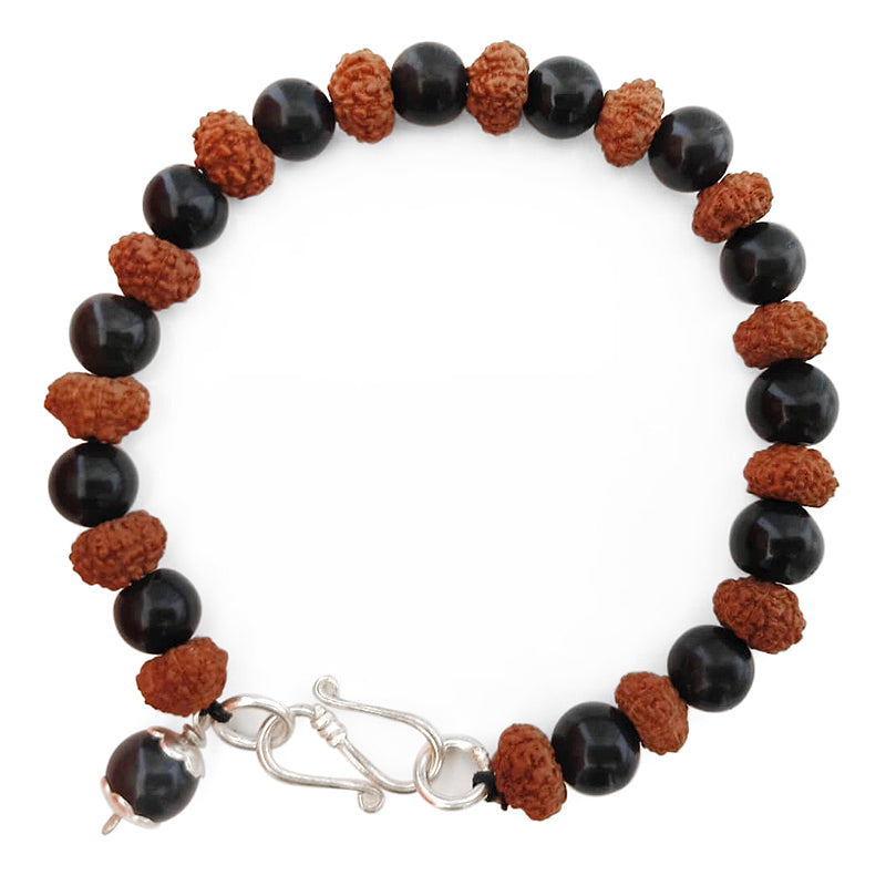 7 ( Seven / Saat ) Mukhi Rudraksha Beads With Smooth Round Black Agate (Kali Hakik) Beads Bracelet and Agate Bead Pendant