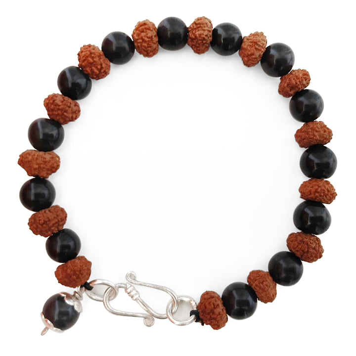 7 ( Seven / Saat ) Mukhi Rudraksha Beads With Smooth Round Black Agate (Kali Hakik) Beads Bracelet and Agate Bead Pendant