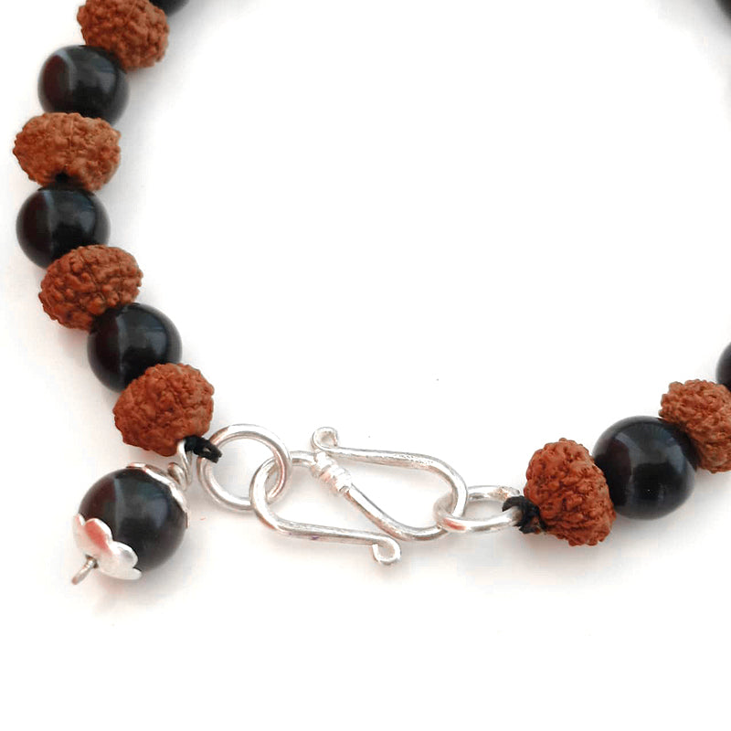 7 ( Seven / Saat ) Mukhi Rudraksha Beads With Smooth Round Black Agate (Kali Hakik) Beads Bracelet and Agate Bead Pendant
