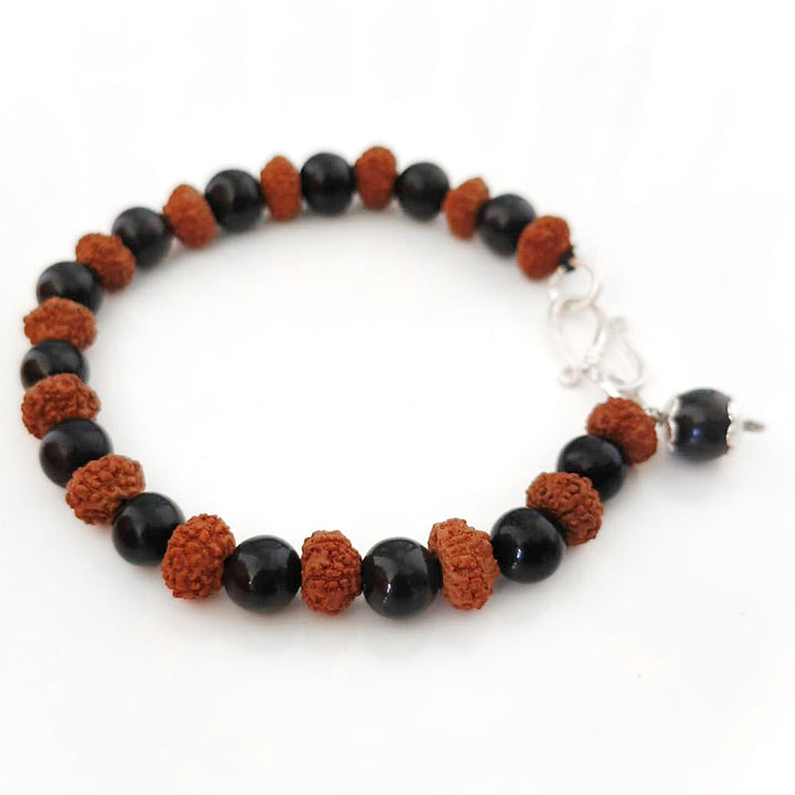 7 ( Seven / Saat ) Mukhi Rudraksha Beads With Smooth Round Black Agate (Kali Hakik) Beads Bracelet and Agate Bead Pendant