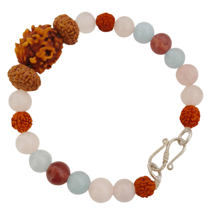 Chandra Shanti Kavach Bracelet: 2 Mukhi & 10 Mukhi Rudraksha with Rose Quartz for Emotional Protection