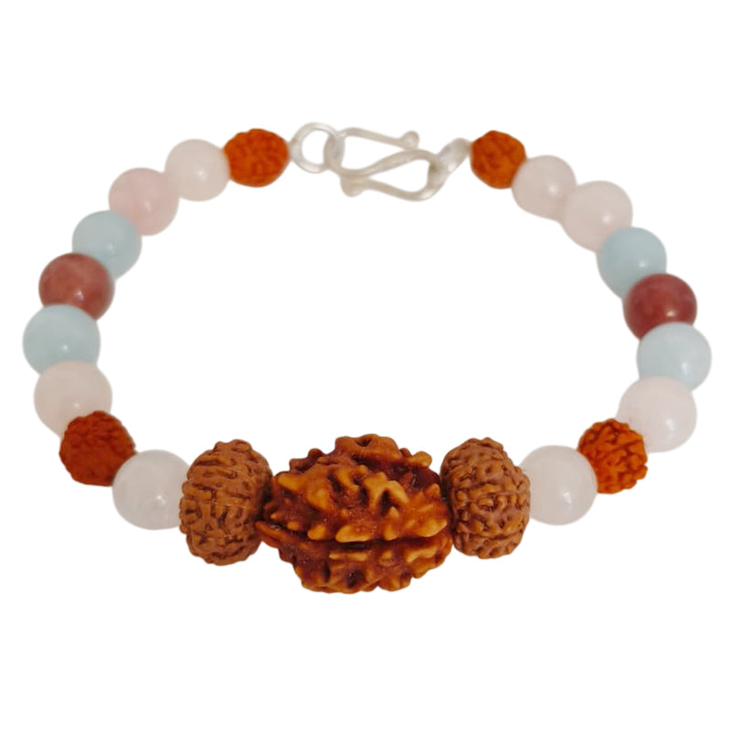 Chandra Shanti Kavach Bracelet: 2 Mukhi & 10 Mukhi Rudraksha with Rose Quartz for Emotional Protection